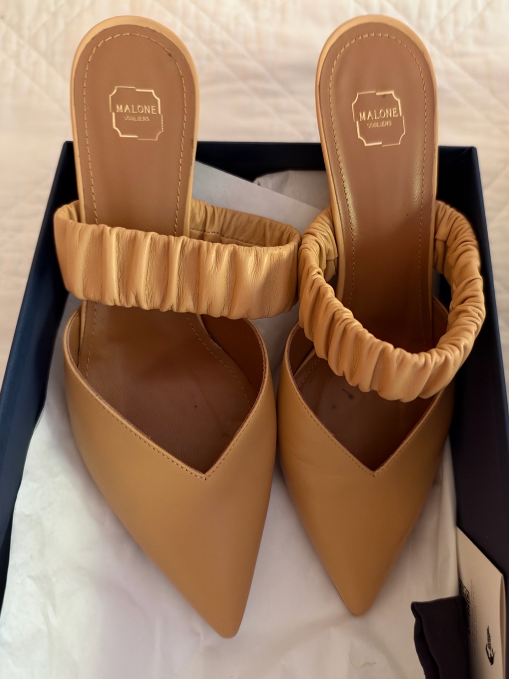 Malone Souliers Tan Ruched-Strap Pointed Mule
